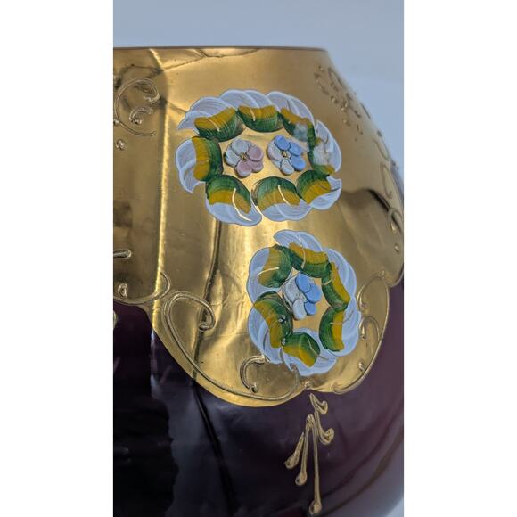 Large Bohemian Glass Bowl Purple Amethyst Gold Gilt Enameled Applied Flowers 7" - Picture 9 of 13